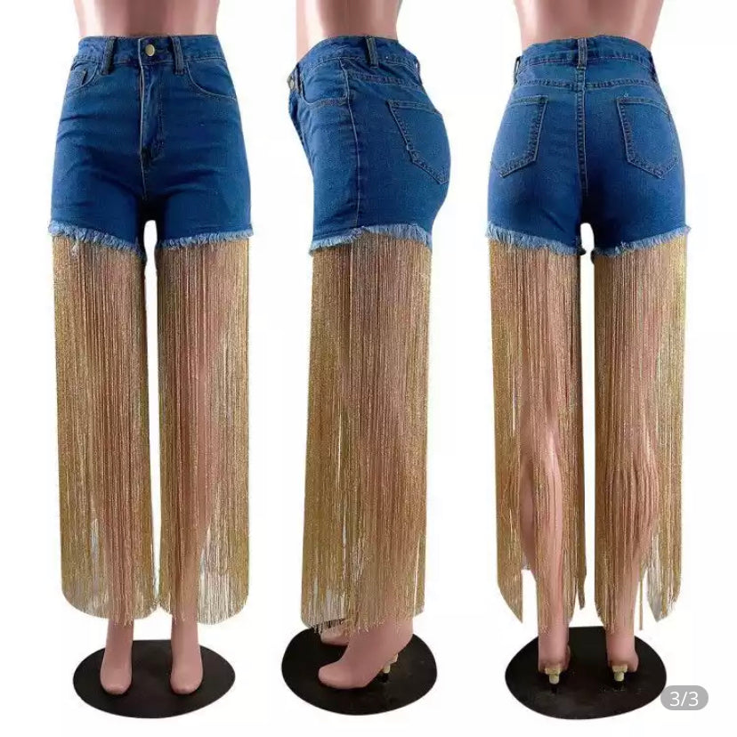 Women Tassels high waist Denim Shorts Straight