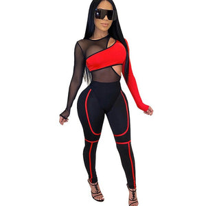 women tracksuit two piece sets Color Patchwork Sheer Mesh bandage jumpsuit long pants