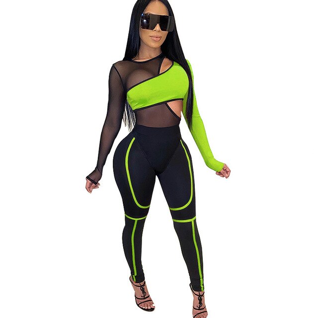 women tracksuit two piece sets Color Patchwork Sheer Mesh bandage jumpsuit long pants