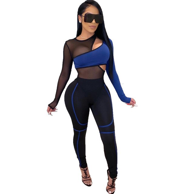 women tracksuit two piece sets Color Patchwork Sheer Mesh bandage jumpsuit long pants