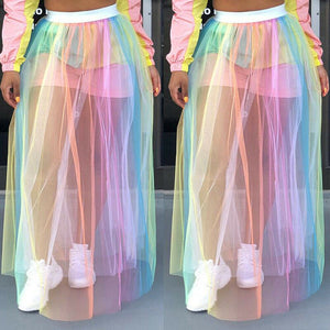 US Women Sexy Rainbow Bohemia Mesh Maxi Long