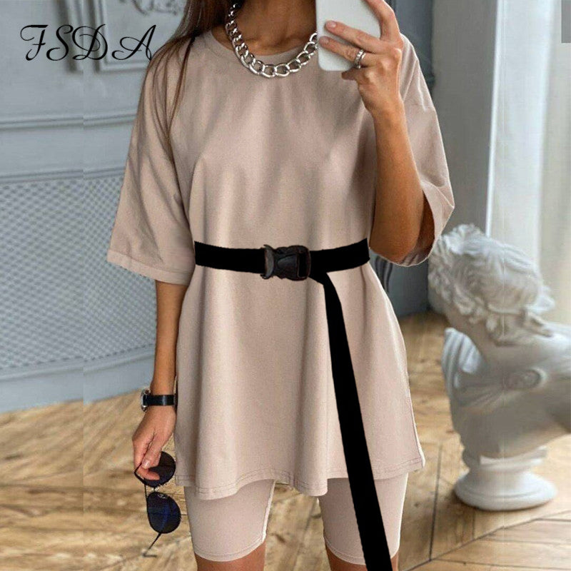 Women Set O Neck T-shirt and Biker Short