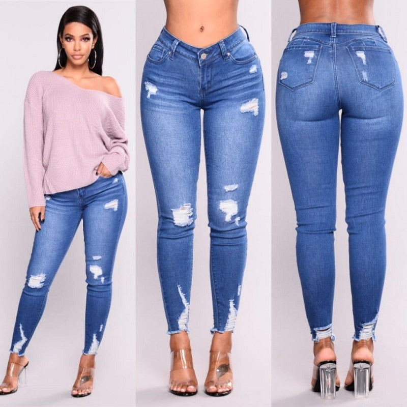 High Waist Slim Hole Ripped Denim Jeans Casual Stretch