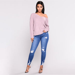 High Waist Slim Hole Ripped Denim Jeans Casual Stretch